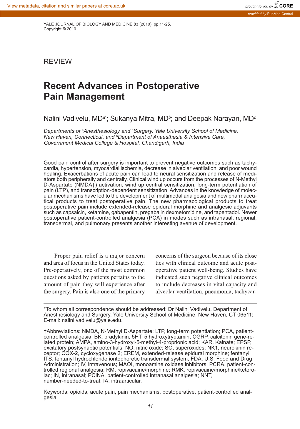 Recent Advances in Postoperative Pain Management