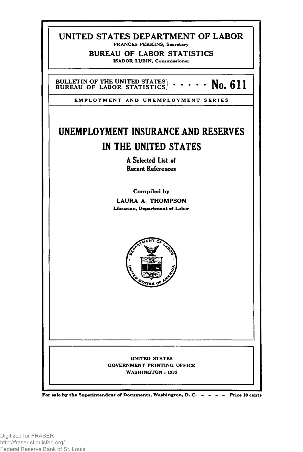 UNEMPLOYMENT INSURANCE and RESERVES in the UNITED STATES a Selected List of Recent References