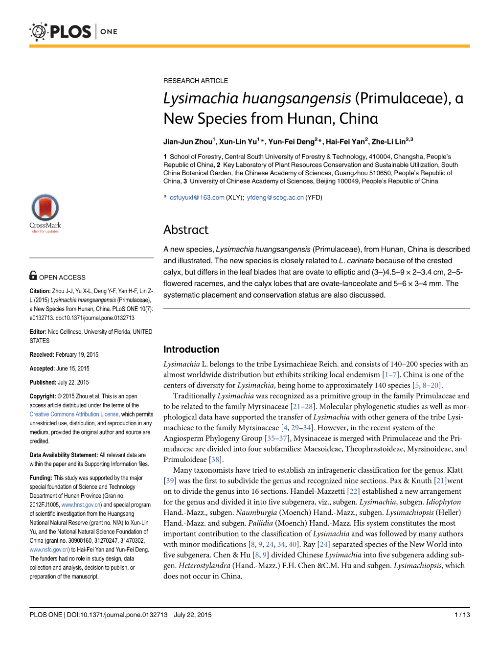 Lysimachia Huangsangensis (Primulaceae), a New Species from Hunan, China