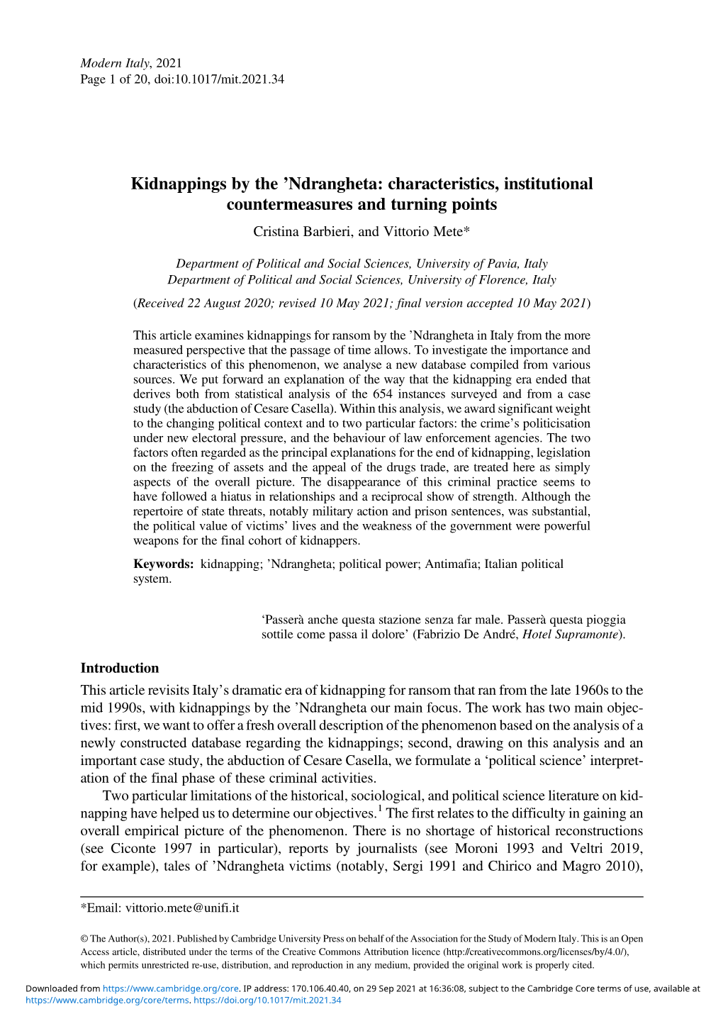 Kidnappings by the 'Ndrangheta: Characteristics, Institutional Countermeasures and Turning Points