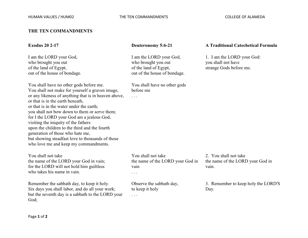 THE TEN COMMANDMENTS Exodus 20 2-17 Deuteronomy 5:6-21 A