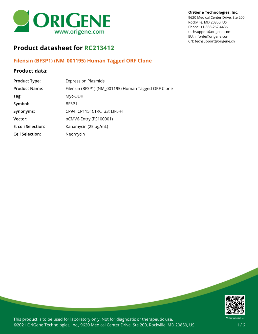 Filensin (BFSP1) (NM 001195) Human Tagged ORF Clone Product Data