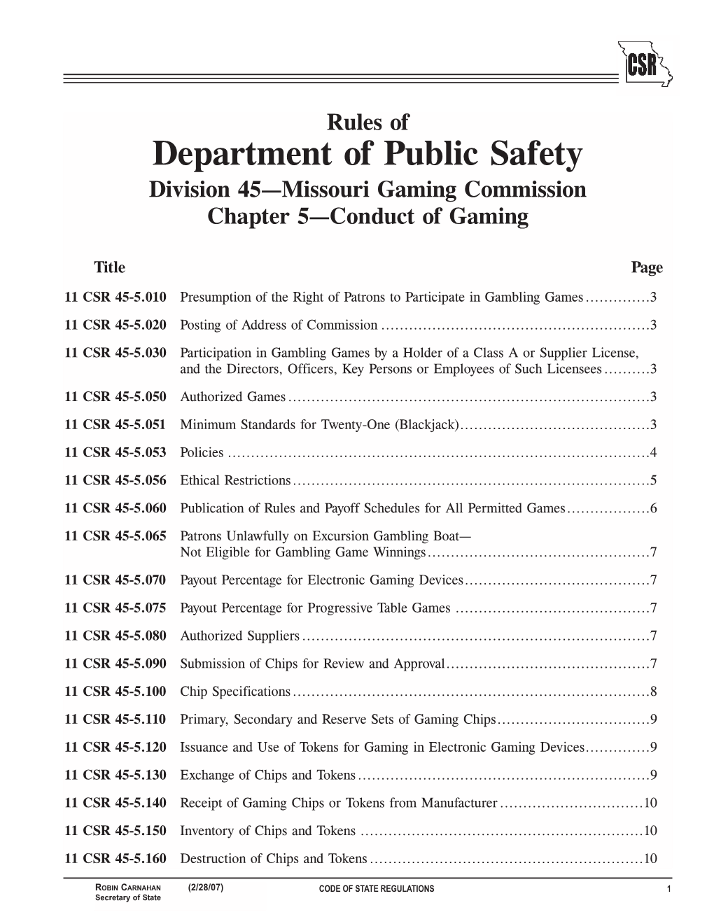 Missouri Gaming Commission Chapter 5—Conduct of Gaming