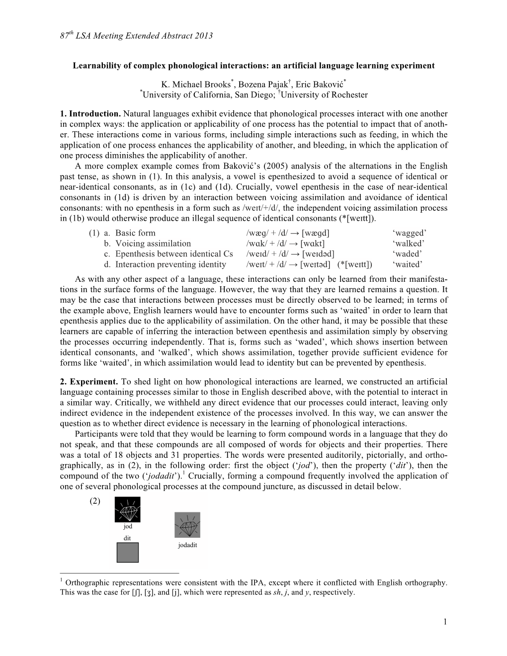 87Th LSA Meeting Extended Abstract 2013 1 Learnability of Complex