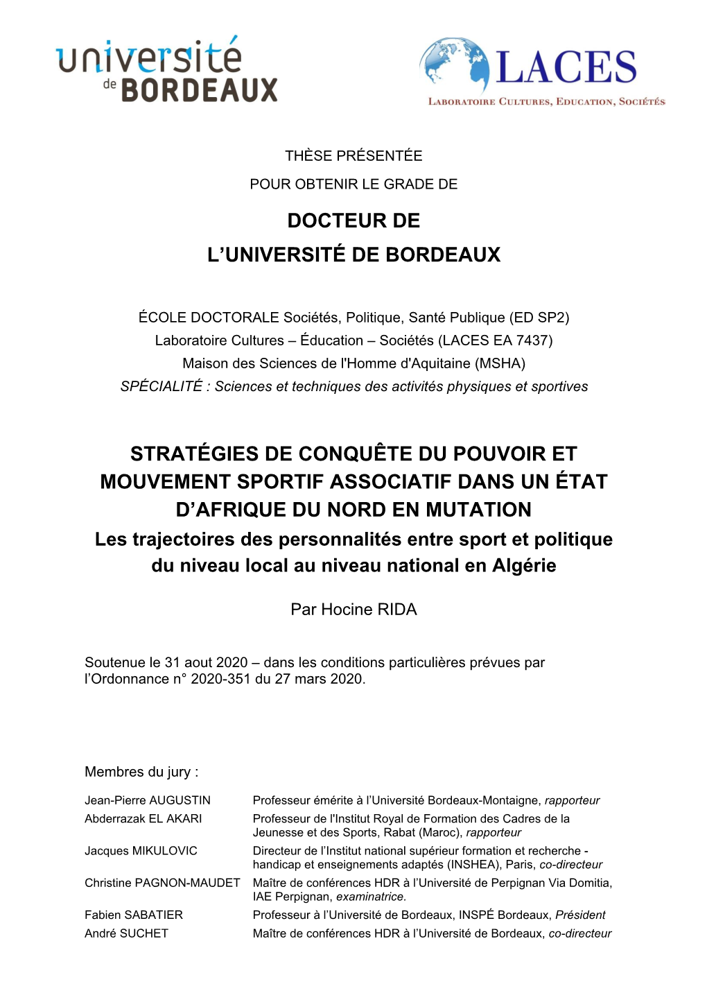 Docteur De L'université De Bordeaux Stratégies De