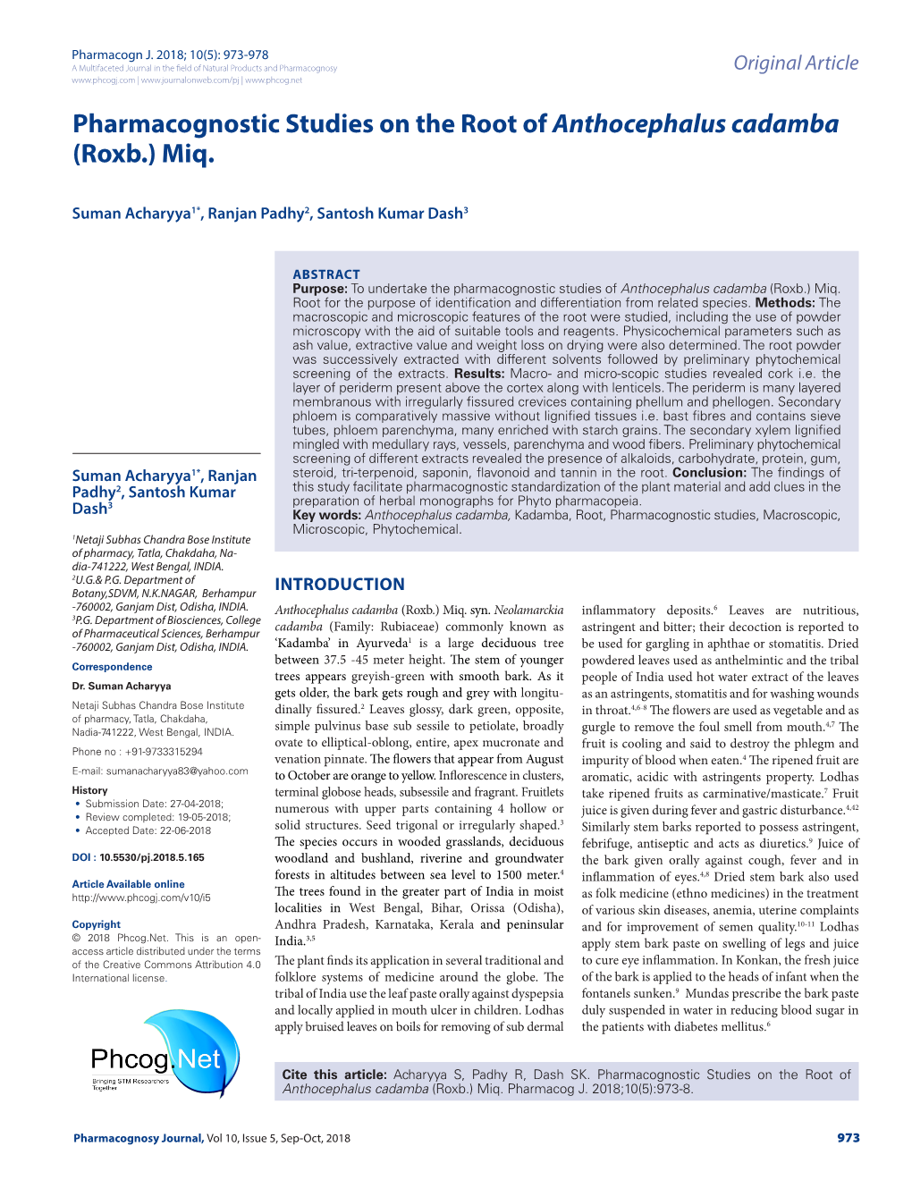 Pharmacognostic Studies on the Root of Anthocephalus Cadamba (Roxb.) Miq