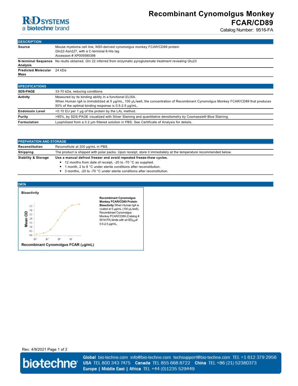 Recombinant Cynomolgus Monkey FCAR/CD89 Catalog Number: 9516-FA