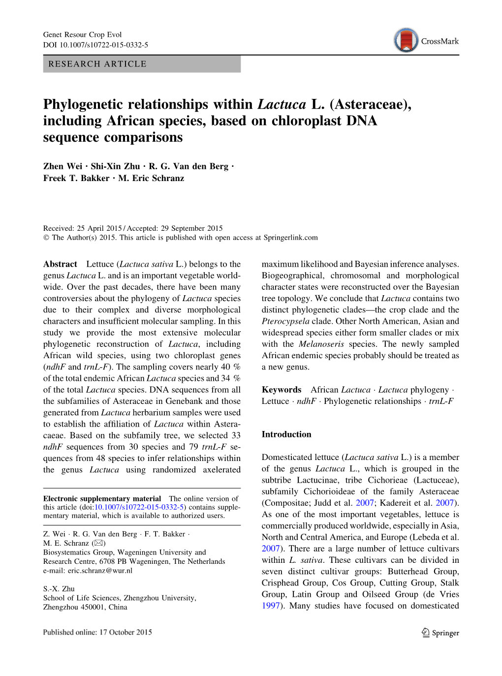 Phylogenetic Relationships Within Lactuca L. (Asteraceae), Including African Species, Based on Chloroplast DNA Sequence Comparisons