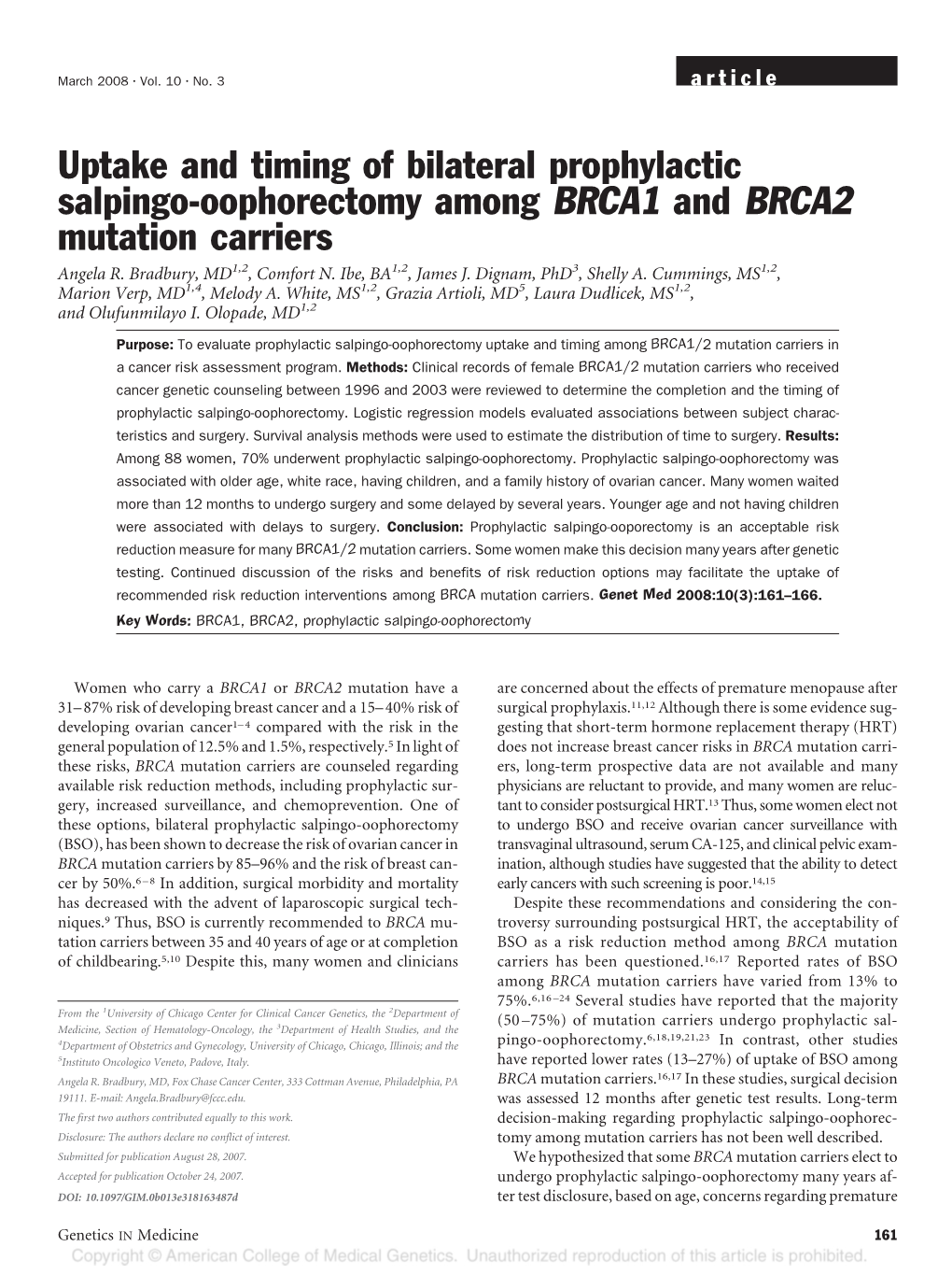 Uptake and Timing of Bilateral Prophylactic Salpingo-Oophorectomy Among BRCA1 and BRCA2 Mutation Carriers Angela R
