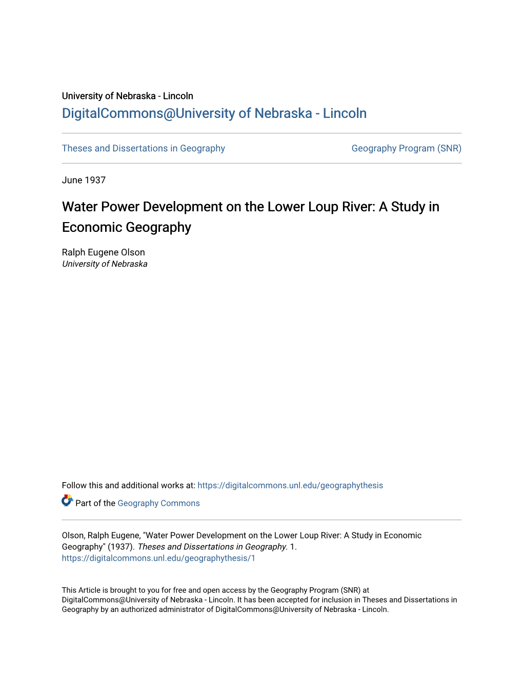 Water Power Development on the Lower Loup River: a Study in Economic Geography