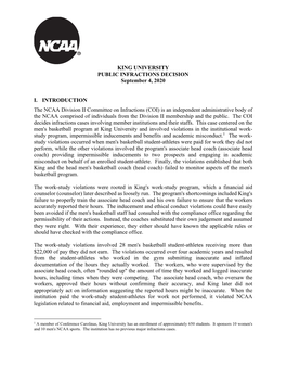 KING UNIVERSITY PUBLIC INFRACTIONS DECISION September 4, 2020