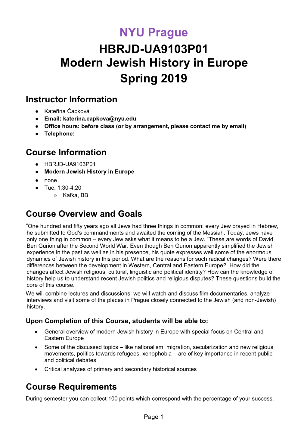 NYU Prague HBRJD-UA9103P01 Modern Jewish History in Europe Spring 2019