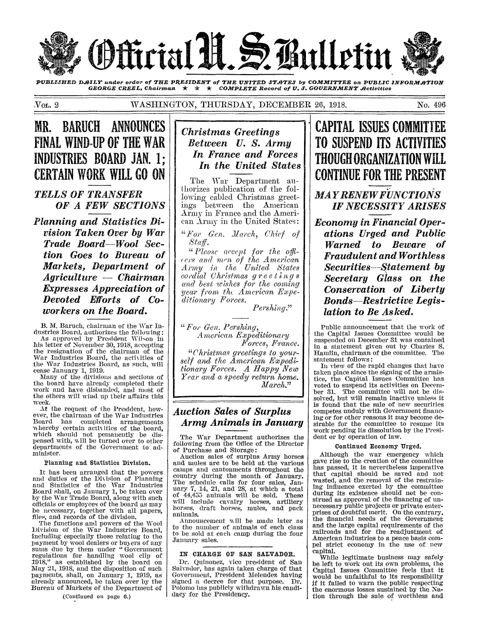 Mr. Baruch Announces Final Wind-Up of the War Industries Board Jan. 1; Certain Work Will Go on Capital Issues Committee to Suspe