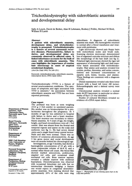Trichothiodystrophy with Sideroblastic Anaemia Arch Dis Child: First Published As 10.1136/Adc.73.3.249 on 1 September 1995