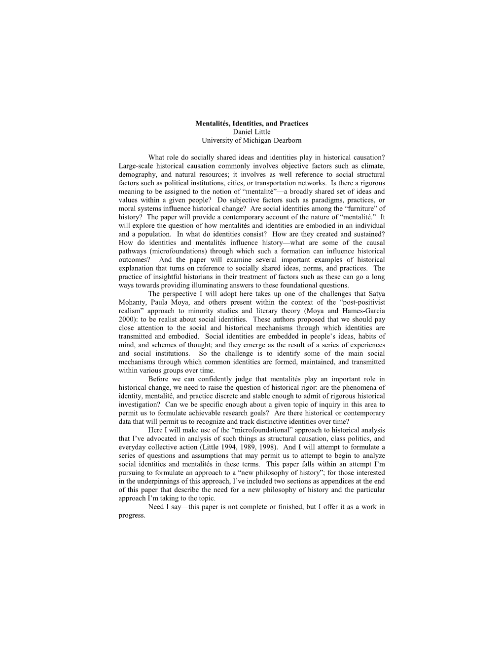 Mentalités, Identities, and Practices Daniel Little University of Michigan-Dearborn