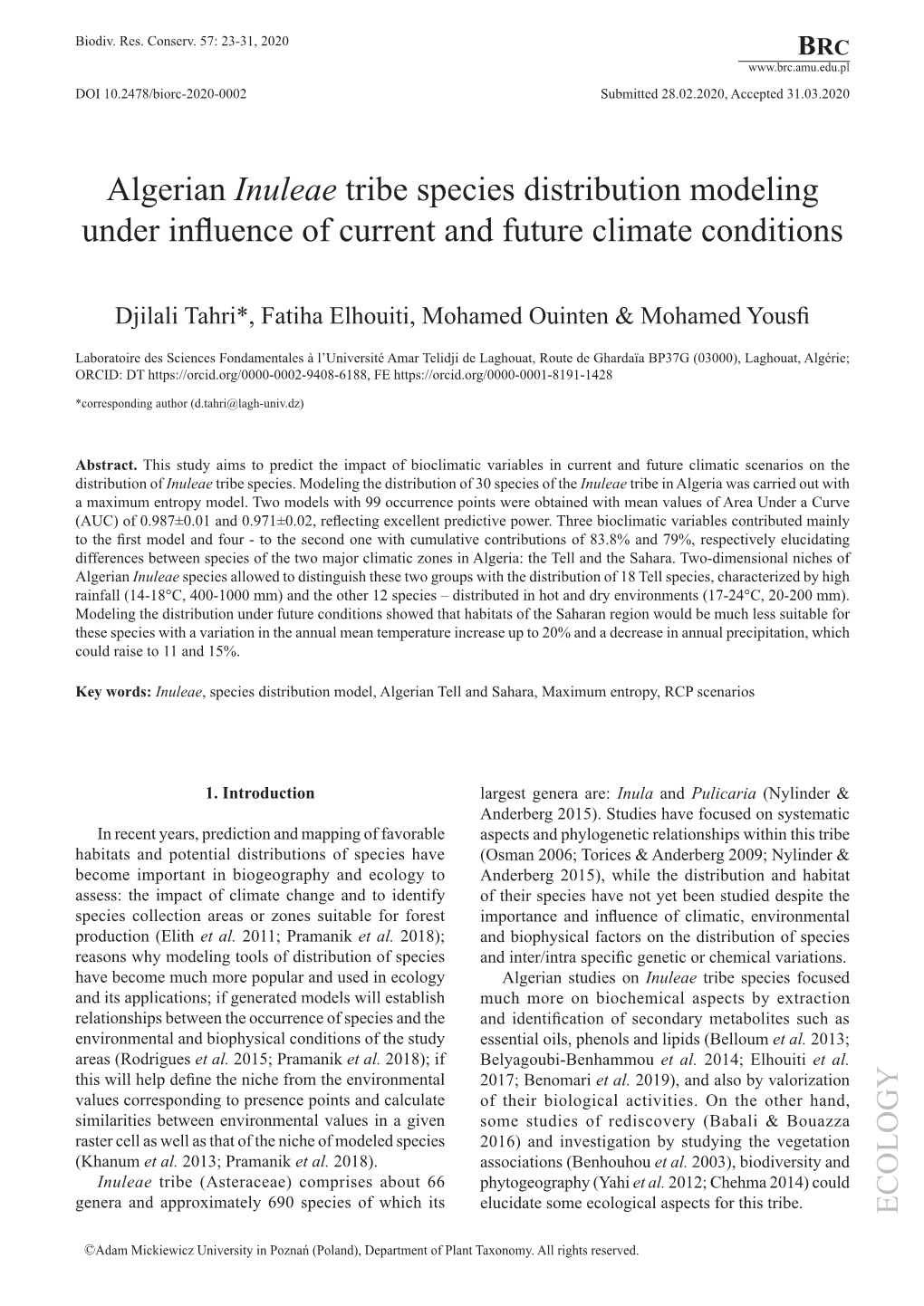 Algerian Inuleae Tribe Species Distribution Modeling Under­ Influence of Current and Future Climate Conditions