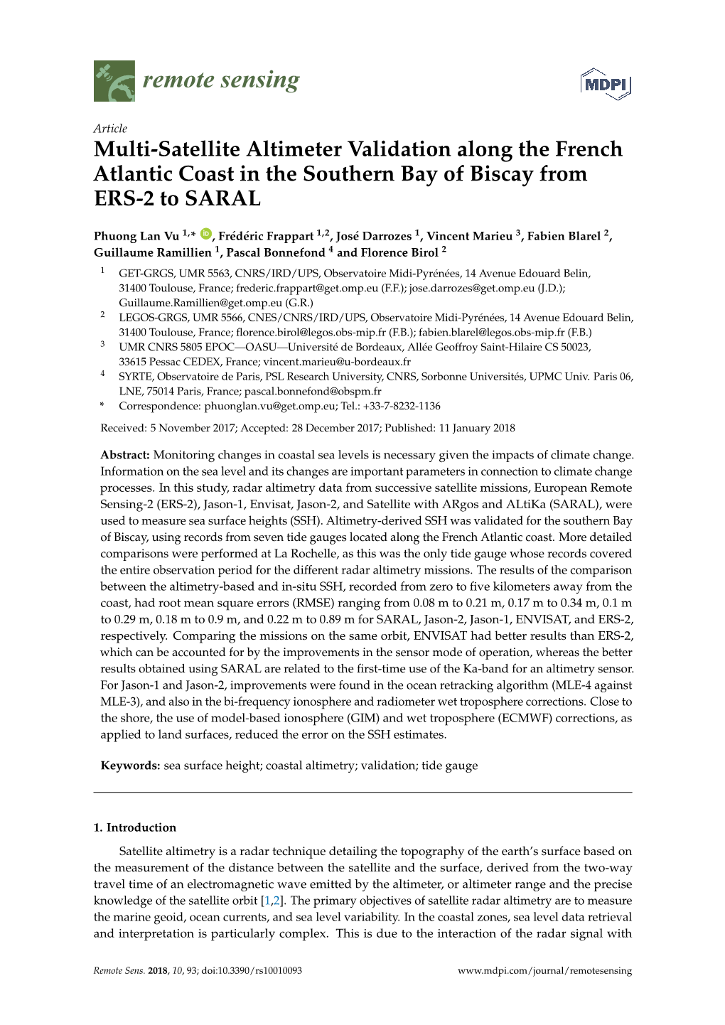 Multi-Satellite Altimeter Validation Along the French Atlantic Coast in the Southern Bay of Biscay from ERS-2 to SARAL