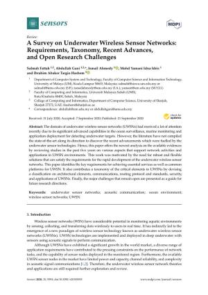 A Survey on Underwater Wireless Sensor Networks: Requirements, Taxonomy, Recent Advances, and Open Research Challenges