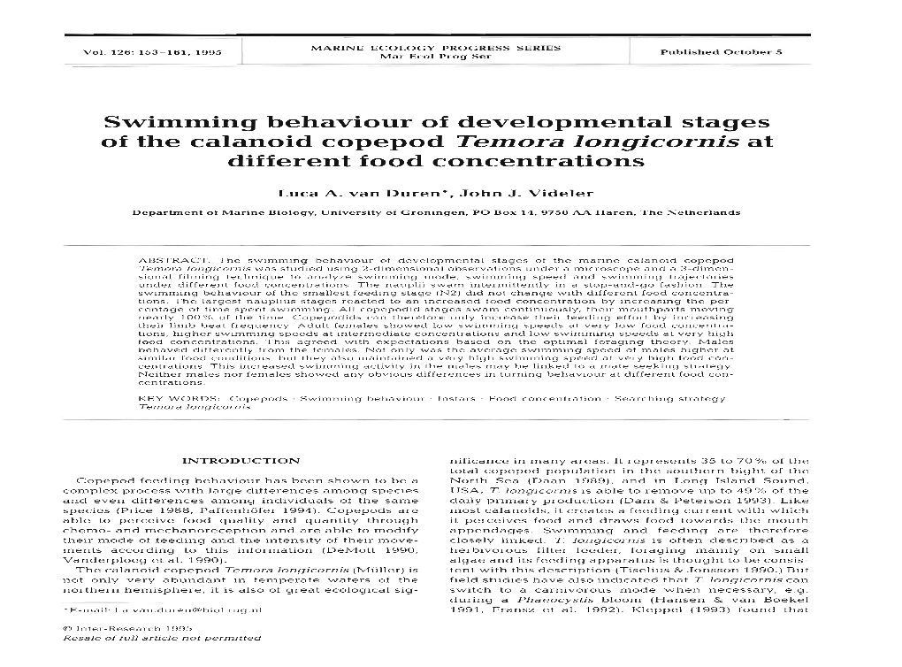 Swimming Behaviour of Developmental Stages of the Calanoid Copepod Temora Longicornis at Different Food Concentrations