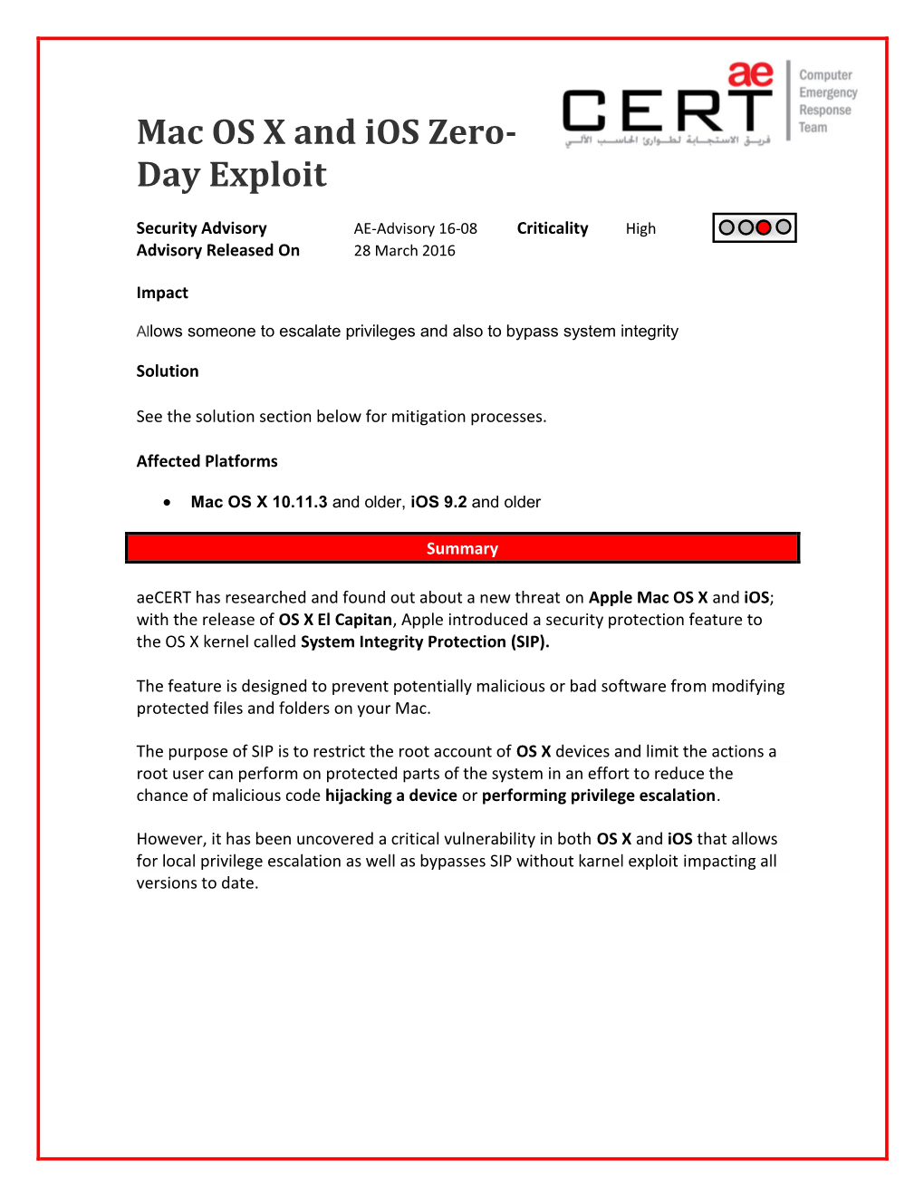 Mac OS X and Ios Zero- Day Exploit