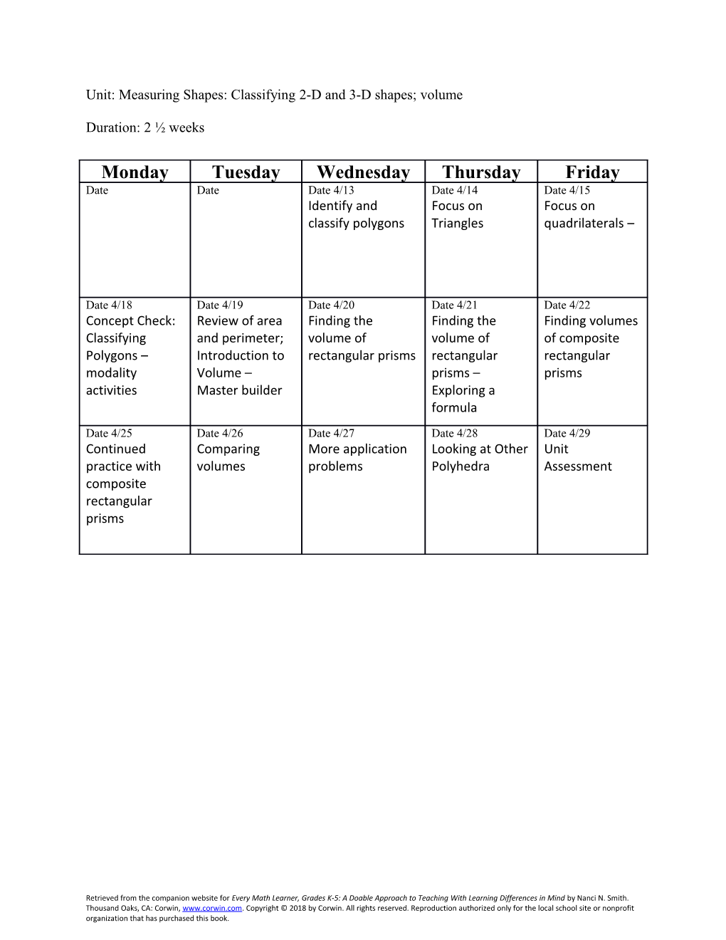 Unit: Measuring Shapes: Classifying 2-D and 3-D Shapes; Volume