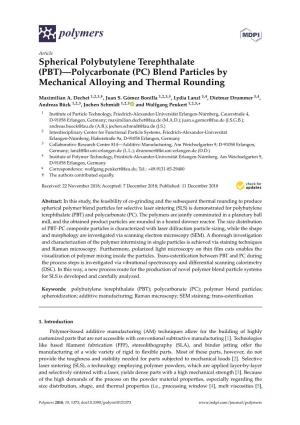 Spherical Polybutylene Terephthalate (PBT)—Polycarbonate (PC) Blend Particles by Mechanical Alloying and Thermal Rounding