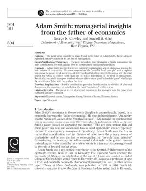 Adam Smith: Managerial Insights from the Father of Economics George R
