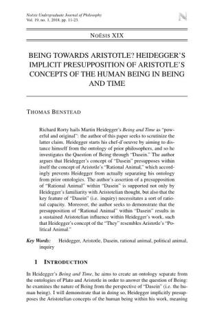Being Towards Aristotle? Heidegger's Implicit Presupposition of Aristotle's Concepts of the Human Being in Being and Time