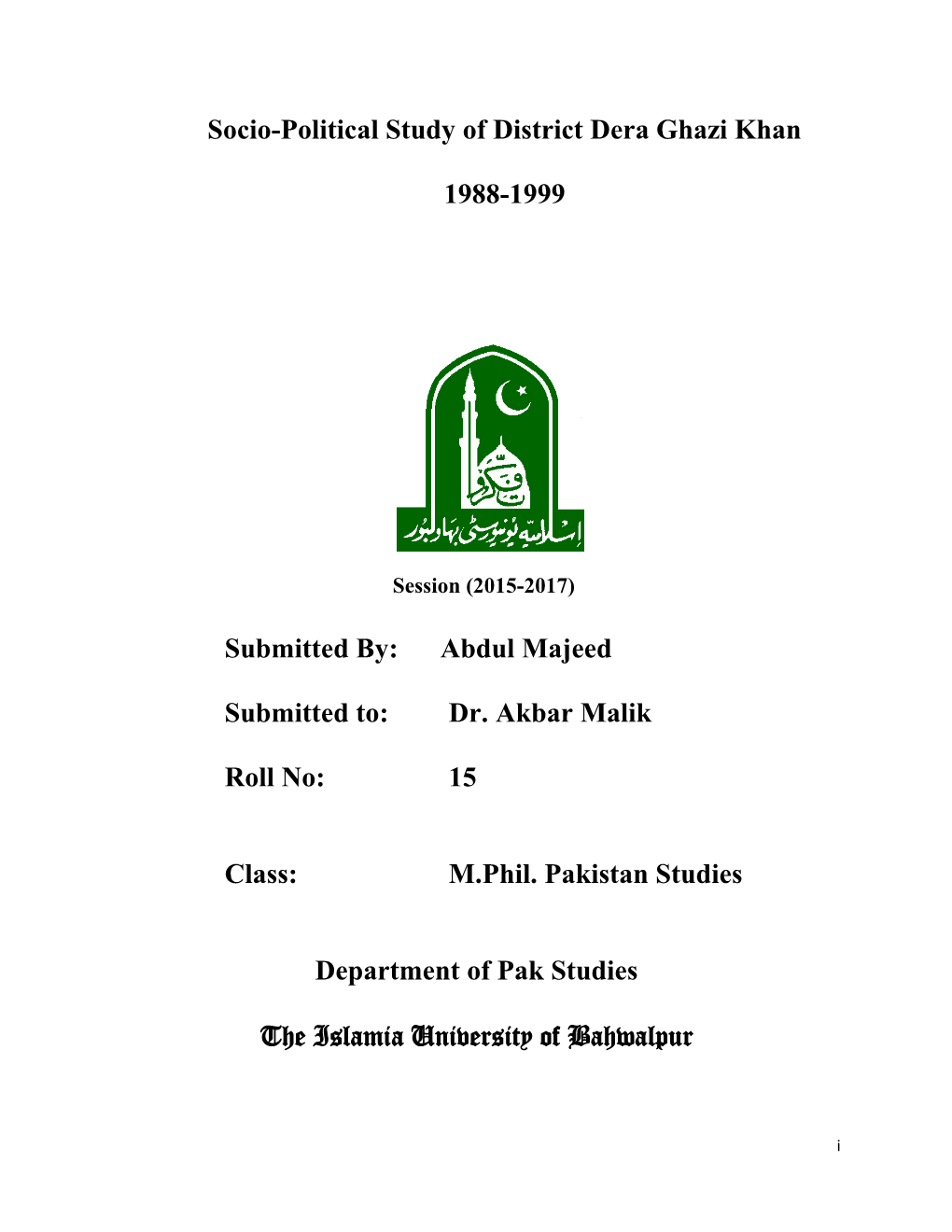 Socio-Political Study of District Dera Ghazi Khan 1988-1999 Submitted By