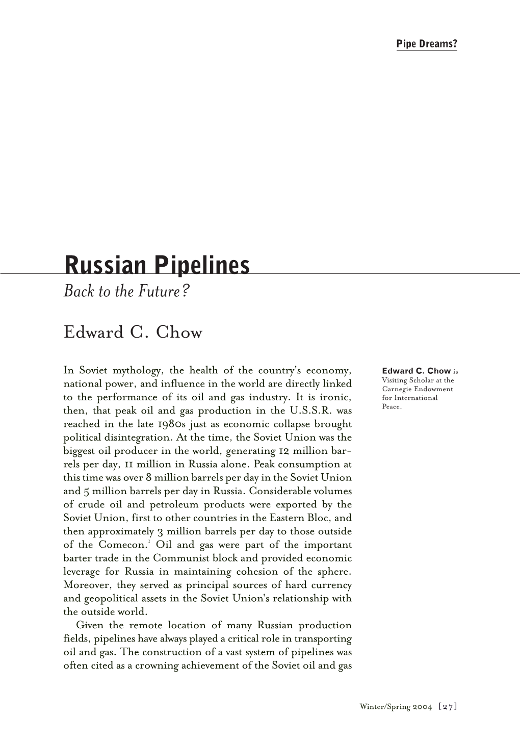 Russian Pipelines: Back to the Future?