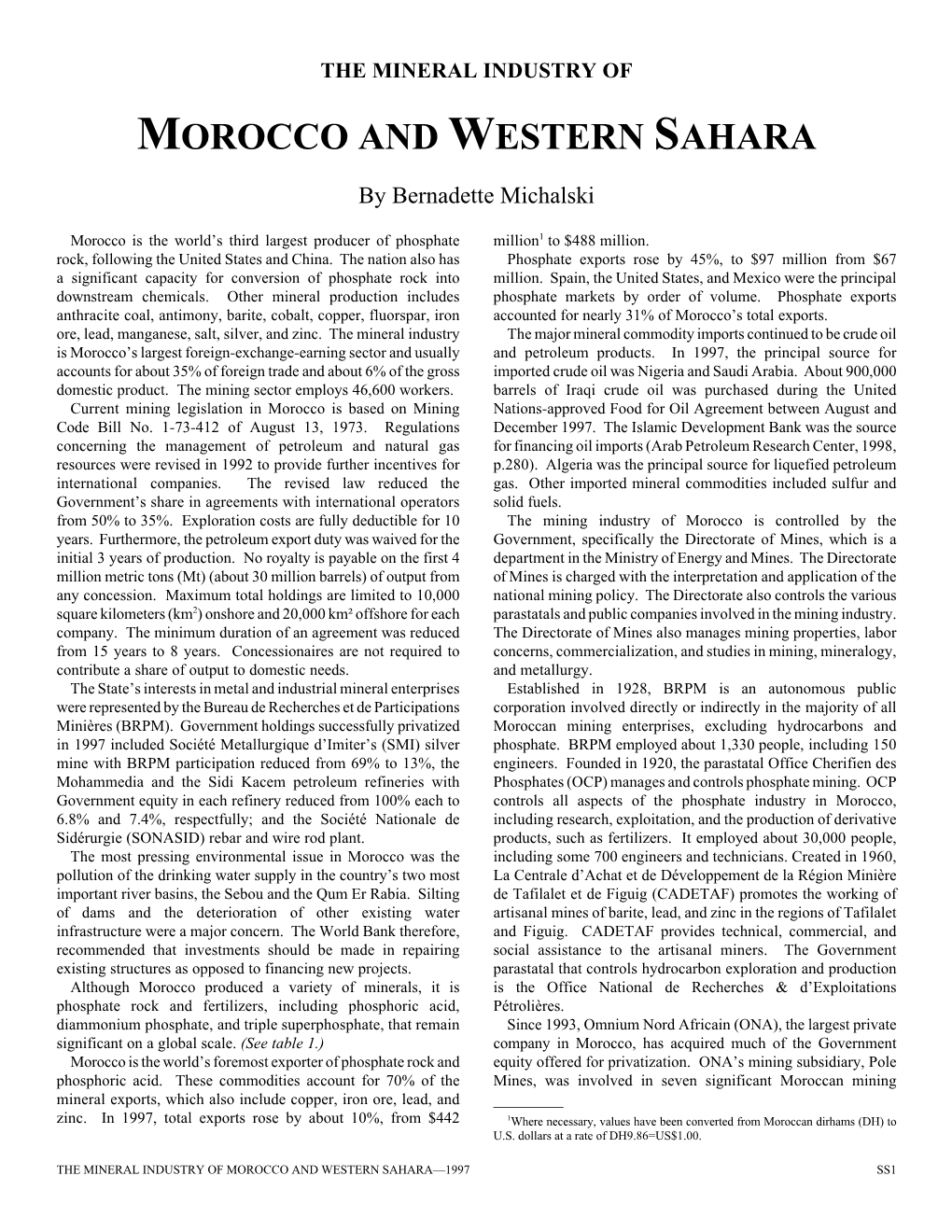 The Mineral Industry of Morocco & Western Sahara in 1997, USGS