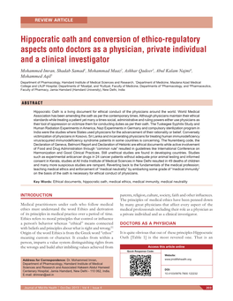 Hippocratic Oath and Conversion of Ethico-Regulatory Aspects Onto Doctors As a Physician, Private Individual and a Clinical Inve