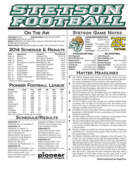 2014 Schedule & Results Stetson Game Notes