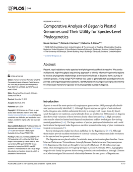 Comparative Analysis of Begonia Plastid Genomes and Their Utility for Species-Level Phylogenetics