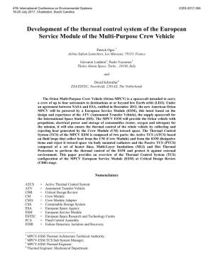 Development of the Thermal Control System of the European Service Module of the Multi-Purpose Crew Vehicle