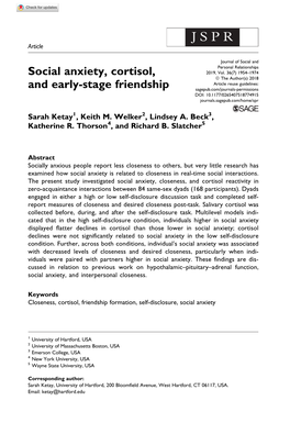 Social Anxiety, Cortisol, and Early-Stage Friendship