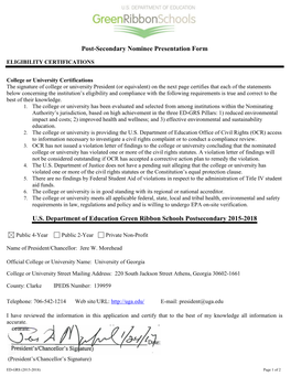 Post-Secondary Nominee Presentation Form U.S. Department of Education Green Ribbon Schools Postsecondary 2015-2018