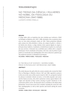 NO TRONO DA CIÊNCIA I: MULHERES NO NOBEL DA FISIOLOGIA OU MEDICINA (1947-1988) Elas Proferiramduranteassolenidadesdepremiação