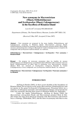 New Synonymy in Macromitrium (Musci, Orthotrichaceae) and Syrrhopodon (Musci, Calymperaceae) in the Bryoflora of Réunion Island