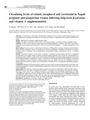 Circulating Levels of Retinol, Tocopherol and Carotenoid in Nepali Pregnant and Postpartum Women Following Long-Term B-Carotene and Vitamin a Supplementation