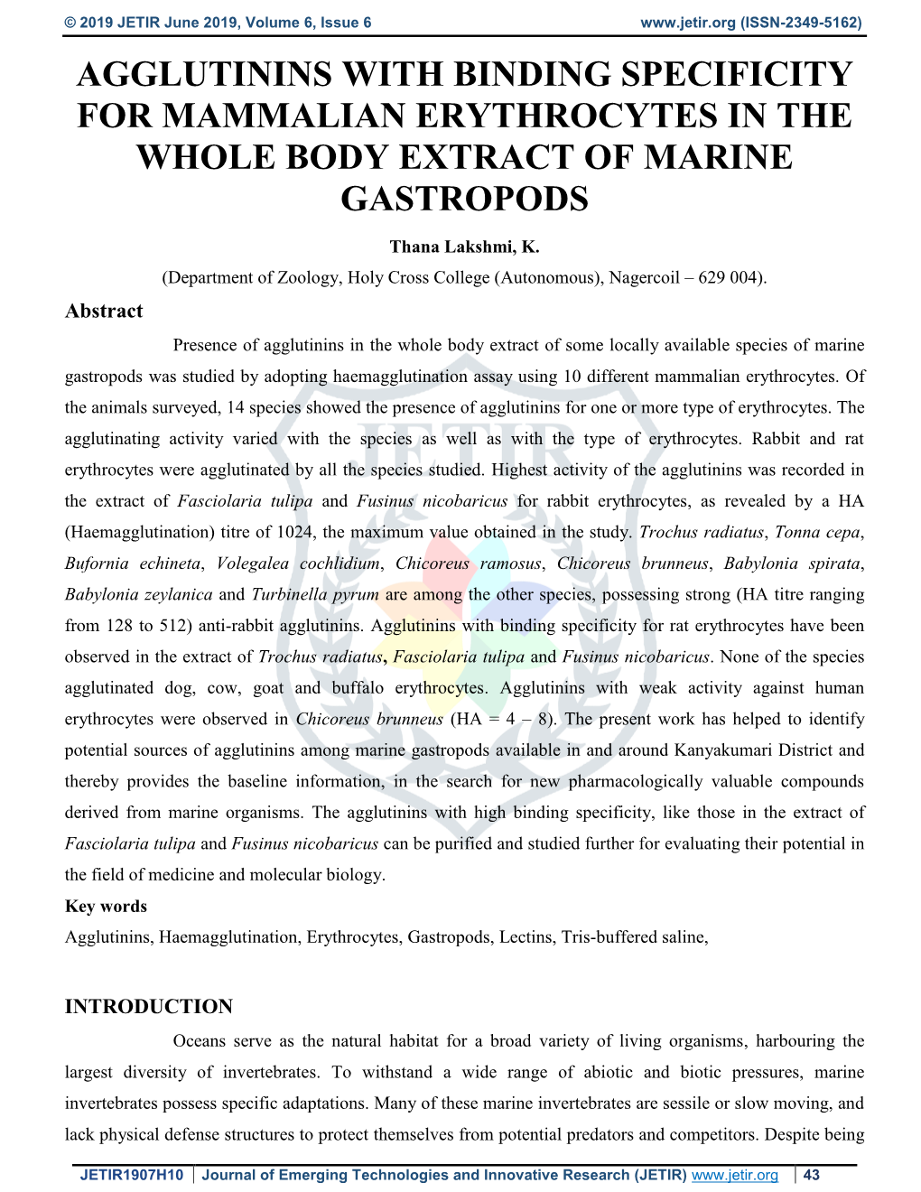 Agglutinins with Binding Specificity for Mammalian Erythrocytes in the Whole Body Extract of Marine Gastropods