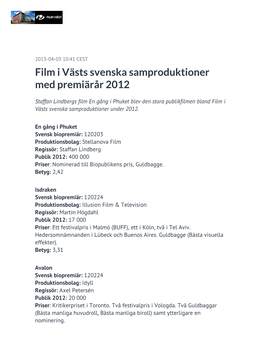 Film I Västs Svenska Samproduktioner Med Premiärår 2012