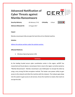 Advanced Notification of Cyber Threats Against Mamba Ransomware