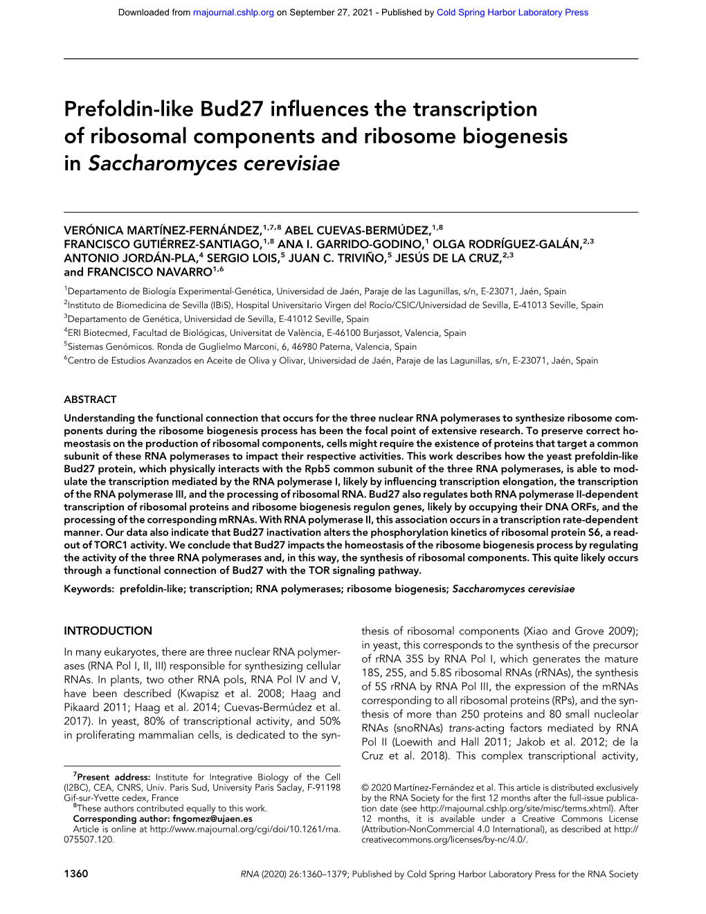 Prefoldin-Like Bud27 Influences the Transcription of Ribosomal Components and Ribosome Biogenesis in Saccharomyces Cerevisiae