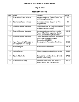 COUNCIL INFORMATION PACKAGE July 9, 2021 Table of Contents