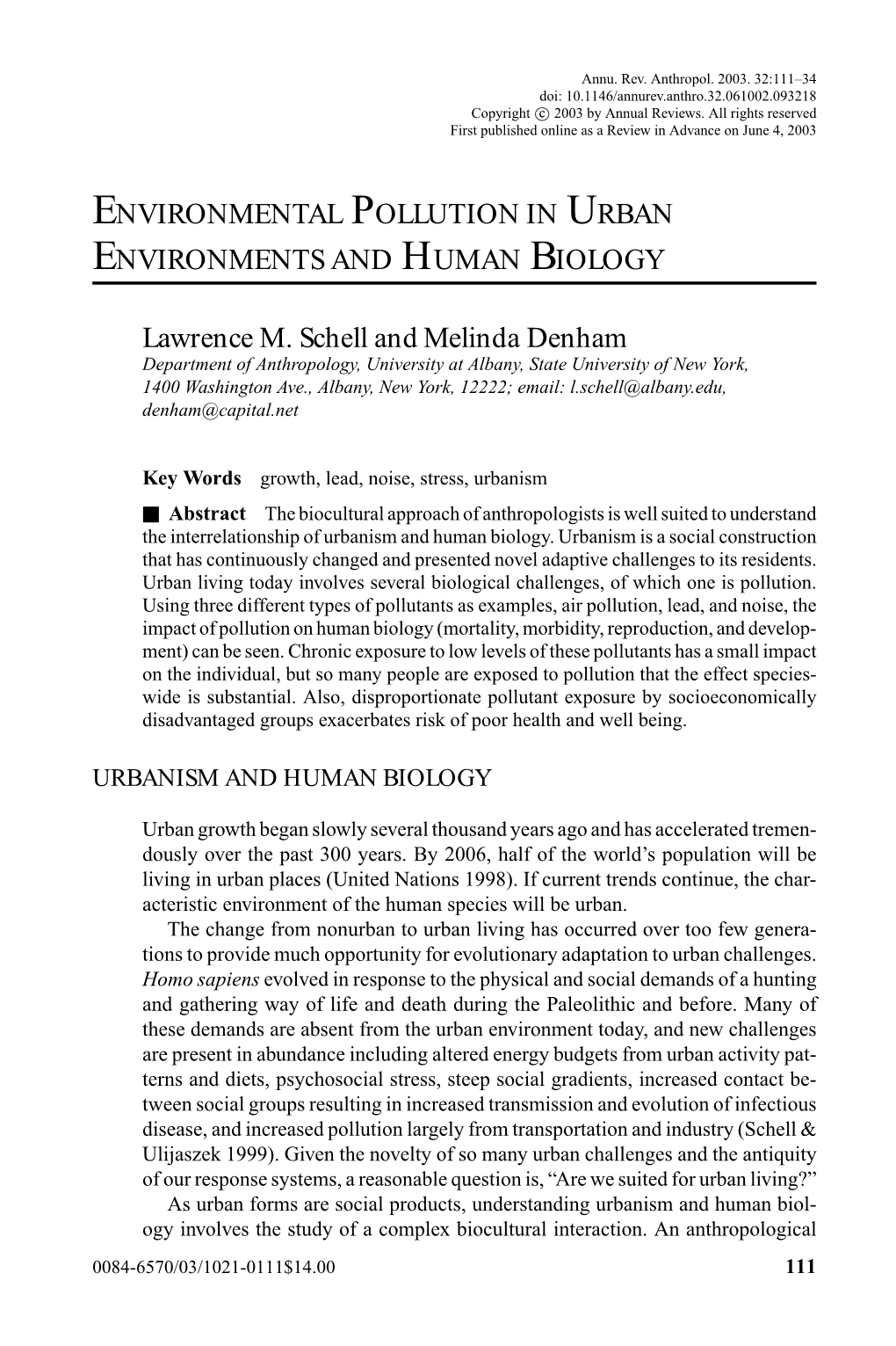 Environmental Pollution in Urban Environments and Human Biology