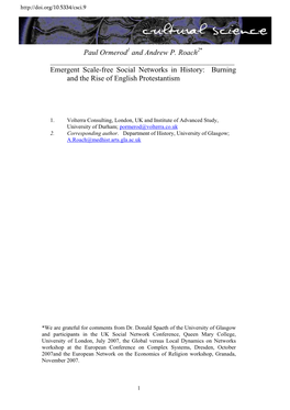 Paul Ormerod1 and Andrew P. Roach2* ______Emergent Scale-Free Social Networks in History: Burning and the Rise of English Protestantism