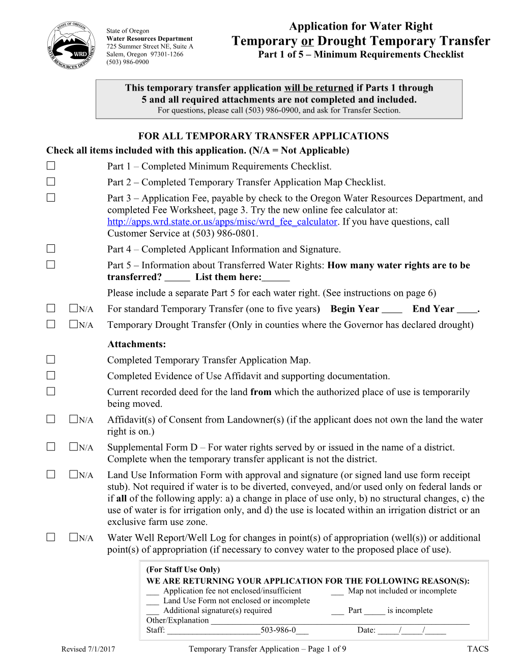 OWRD Application For Water Right Transfer