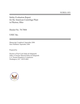 Safety Evaluation Report for the American Centrifuge Plant in Piketon, Ohio