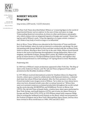 ROBERT WILSON Biography Long Version, 2,054 Words / 13,233 Characters